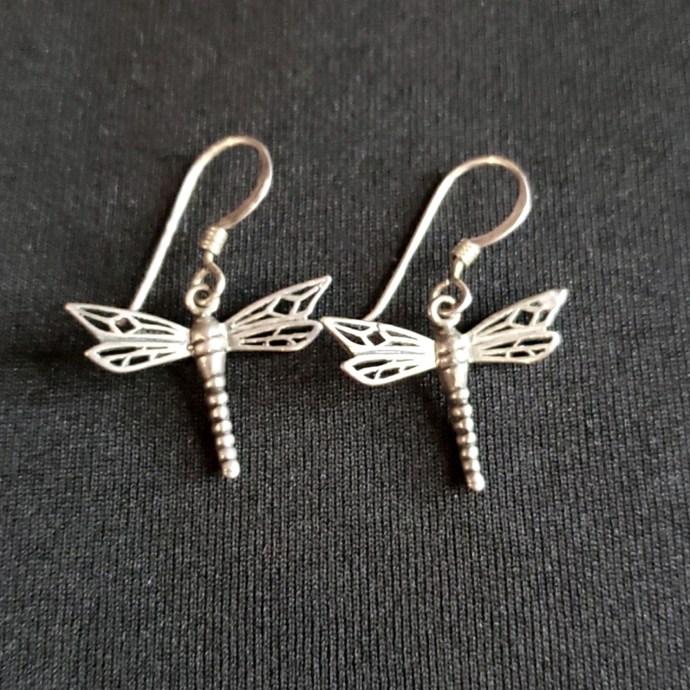 Dragon fly sterling silver hook dangle earrings